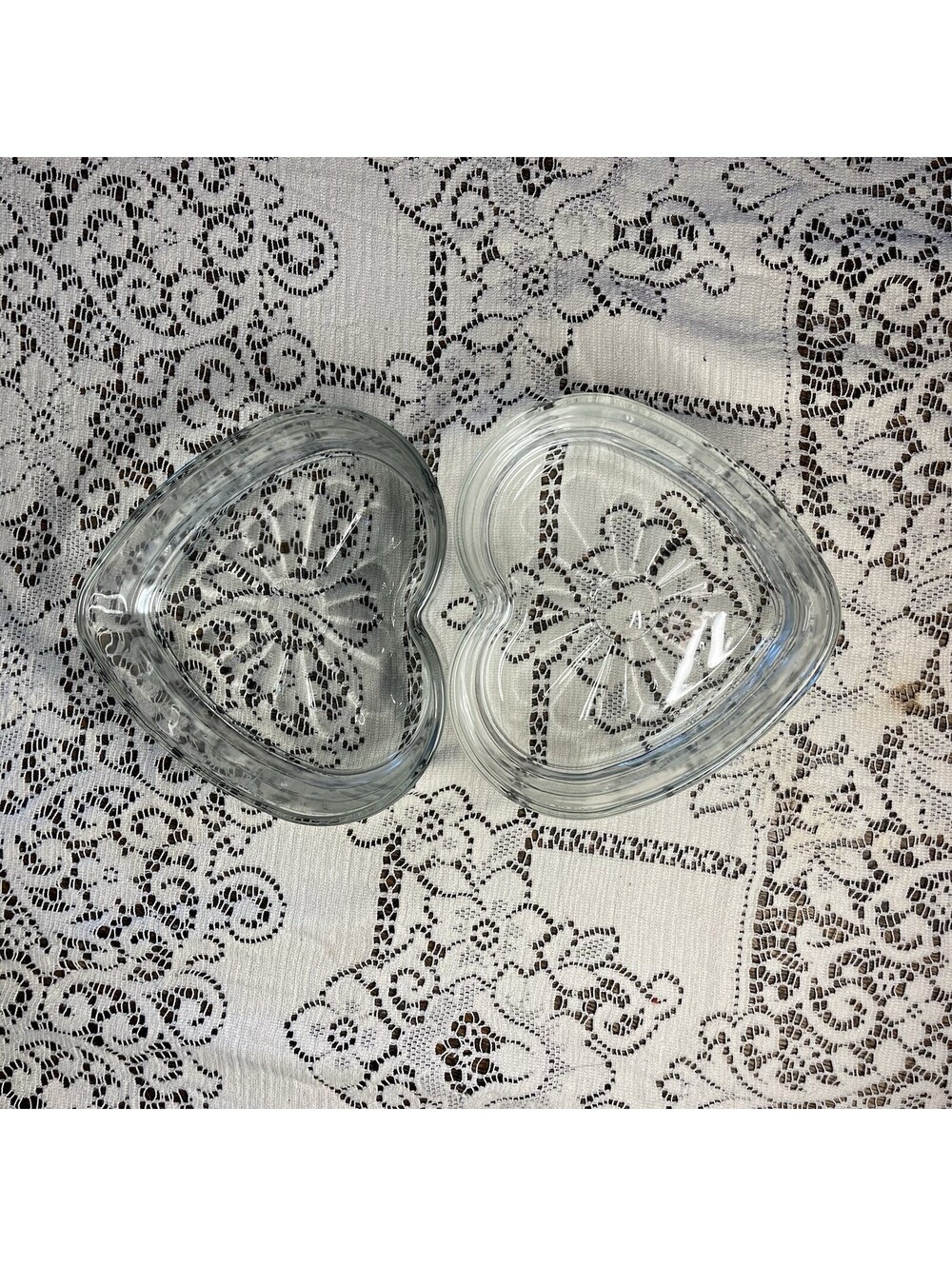 Set of 3 Vintage Clear Pressed Glass Heart Shaped Candy Dishes Sunburst Libby